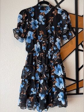 Crystal Doll Black Mini Dress with Blue Floral & Brown Leaves